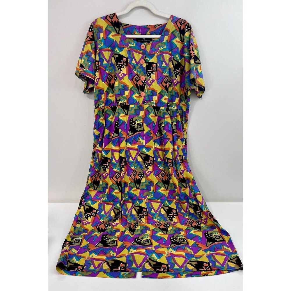 Peruvian Connection Abstract Black Cat 100% Cotton Dress Large Boho Artsy Rare